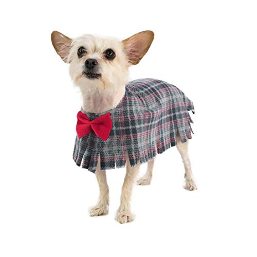 Pooch-O Fleece Grey Plaid with Bow Dog Poncho, Medium