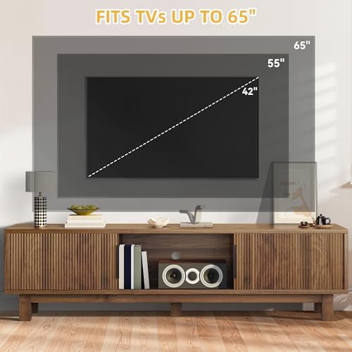 DWVO Fluted TV Stands for Living Room, Entertainment Center for TVs up to 65 Inch, Mid Century Modern Media Console with Power Outlets & Storage Compartments, 59" Long TV Cabinet, Walnut