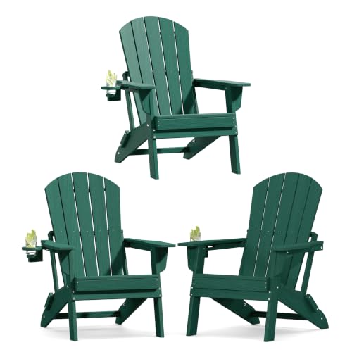 Image of Plawdlik Folding Adirondack Chair Set of 3, Cup Holder, Green | pin-free folding, 38-in tall back, Wood-grain All-weather HDPE; for fire pit, poolside, deck, backyard, patio