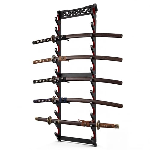 Threehoney 12-tier Sword Wall Mount Holder, Vintage Openwork Velvet Padded Katana Display Rack, Space-saving Vertical Samurai Sword Stand for Katana Decorative Medieval Weapon Organizer & Gift by Threehoney - Used condition - US$40.98