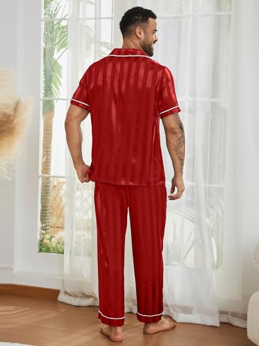 DEARCASE Mens Satin Silky Pajama Set Short Sleeve Soft Sleepwear Button Down Loungewear Long Pants with Pockets2