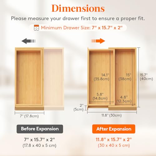 Image of Lifewit Bamboo Kitchen Drawer Organizer, Cooking Utensil Silverware Tray