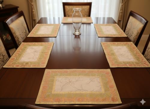 Image of Brocade Silk Placemats for Dinning Table 12 x 18 Inches Hand Embroidered, Set of 6 Decorative Placemats for Home (White)