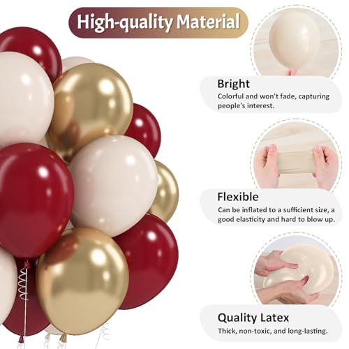 Image of Jobkoo Burgundy Gold Balloons 60 PCS Dark Red Wine White Sand Beige Latex Balloon Maroon Wine Red Metallic Balloons for Women Birthday Baby Shower Wedding Bachelorette Graduation Party Decorations