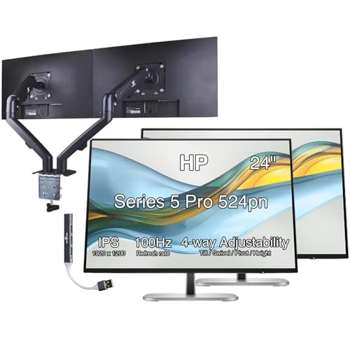 Image of HP Series 5 Pro 24 inch 100Hz WUXGA IPS Monitor Adjustable Tilt, Swivel, Pivot | Anti Glare, Flicker Free, VESA (100mm), HDMI, DP w / DKZ Hub, Black /Silver (9D9A7AA#ABA), 2 Pack & ErgoFlexy Dual Mount