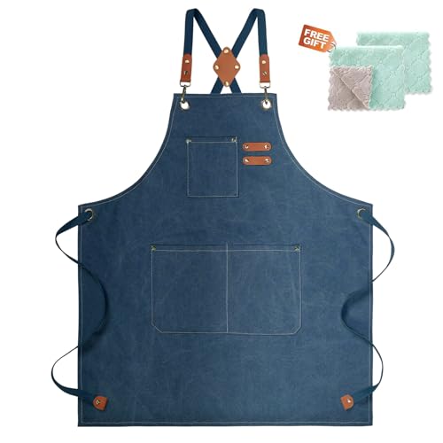 ZOMAO Cotton Canvas Cross Back Apron for Men and Women,Chef Apron With Adjustable Strap and Large Pockets,Kitchen Cooking Baking Bib Heavy Duty Work Apron