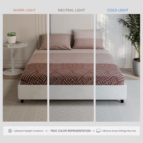 Image of BLISSHOME Everlast 150TC King Size Fitted Bedsheet with 2 Pillow Covers, Aesthetic Bedding, Wrinkle Resistant, 100+ Wash Durable, Quick Dry, Geometric Pattern - Brown (183cm x 198cm + 25cm Drop)