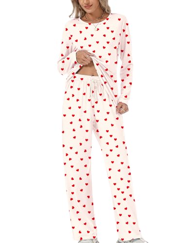 Rapbin Schlafanzug Damen Lang Pyjama Set Rundhals Nachtwäsche Zweiteiliger Schlafen und Loungewear Damen Schlafanzughose mit Taschen Casual Elastischer Bund Weiß Herz Print XL