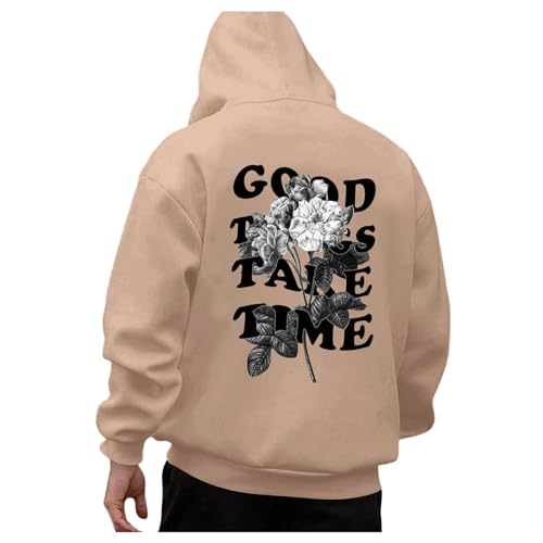 Oversized Hoodie for Men Good Things Take Time & Rose Shape Print Pullover Tops Drop Shoulder Comfy Oversize Fashion Graphic Mens Oversized Sweatshirts (A05 Khaki,M)