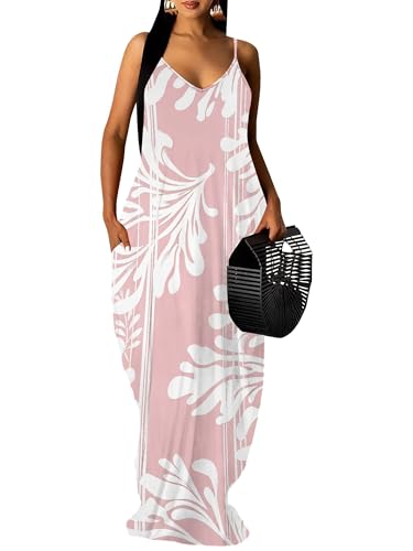 EQQZD Women's Spaghetti Strap Flower Print Maxi Dress Summer Casual Flowy Long Sun Dresses with Pockets Sleeveless Ankle Length Outfit Pink