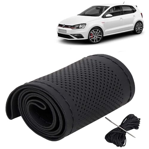 Image of KINGSWAY PU Leatherite Car Steering Cover Sewable Compatible with Volkswagen Polo GT (Year 2012 Onwards), Black Color with Black Thread, Pack of 1 with Sewing Needle and Thread