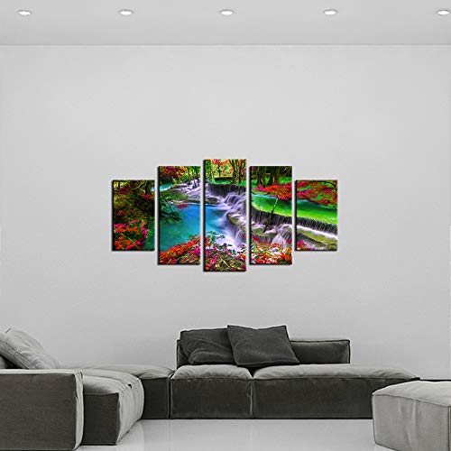 Levvarts - 5 Pieces Forest Canvas Wall Art Waterfall River Picture Prints Vivid Nature Landscape Painting Giclee Artwork Framed For Kitchen Wall Decoration Moderen Home Office Decor #TOP3