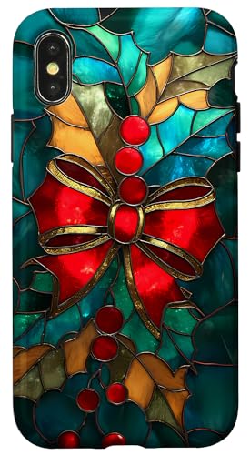 赤い弓の果実 クリスマス どんぐり モザイク 冬の木 パターン スマホケース iPhone X/XS 用