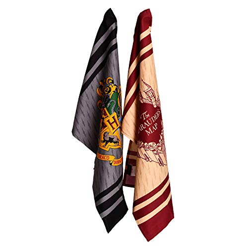 Image of Elbenwald Tea Towels Set - Pack of 2 - Absorbent Cotton Kitchen Towels - 44 x 65 cm - Harry Potter Hogwarts & Marauder's Map Design - Beige & Grey