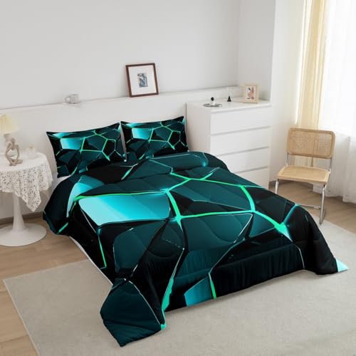 Image of Feelyou Blue Green Hexagon Comforter Stereoscopic Honeycomb Comforter Set for Kids Geometrics Beehive Bedding Set Geometric Honeycomb Duvet Set Simplistic Room Decor Quilt King Size Boys