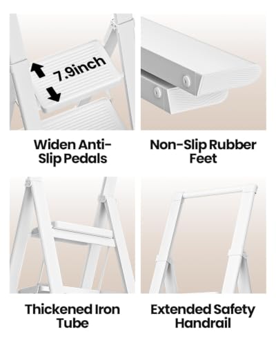 Image of SOLADDER Step Ladder 4 Step Folding Stool with Anti-Slip Widened Sturdy Pedal and Handgrip, Portable and Multi-Use Iron Stepladder for Home, Kitchen, 300 lbs Capacity -Pure White