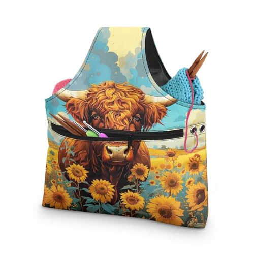 Image of Highland Cow Yarn Bag with Crochet Organziers and Storage Sunflower Knitting Wrist Bag Holding Knitting Needles,Large