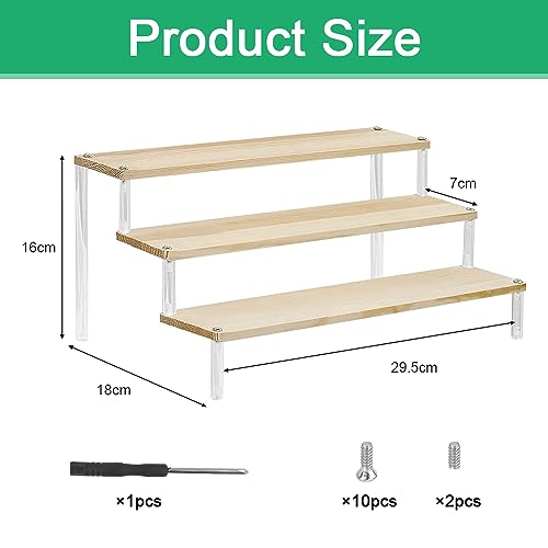 HAOMEEDUO Holz Acryl Riser Display Ständer 3-Stufig Acryl Display Ständer Holz Holzregal Display 3 Tier Regal Organisator Tischregal für Figuren Schmuck Cupcake Dessert Lippenstift Gewürz (30x16x7cm)