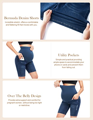 Hofish Women's Over The Belly Pregnancy Jean Shorts Support Breathable Maternity Denim Bermuda Shorts Dark Blue M #TOP1