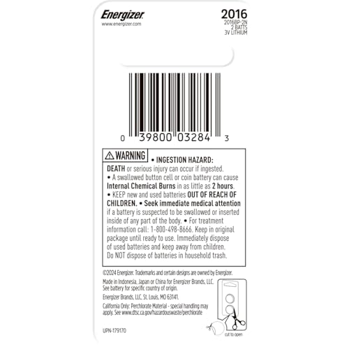 Energizer 2016 Batteries (2 Pack), 3V Lithium Coin Lithium Batteries with 3-in-1 Child Shield
