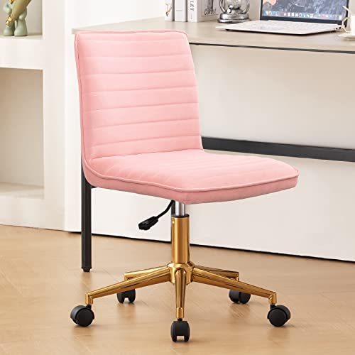 Furnimart Modern Armless Desk Chair Task Chair Pink Cute Vanity Velvet Upholstered Office Chair Teen Girl Desk Chair Mid-Back Home Office Chair Swivel Adjustable Small Chair Soft Seat (Velvet-Pink) #TOP7