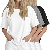 Huukeay 3 Pcs Womens Half Sleeve Top Elbow Length T Shirt Women Round Neck Basic T Shirt Summer Casual Blouses (White, Light Grey, Black,L)