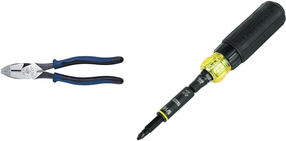 Klein 9-Inch Side Cutter Linemans Pliers and 11-in-1 Ratcheting Impact Rated Screwdriver/Nut Driver Bundle