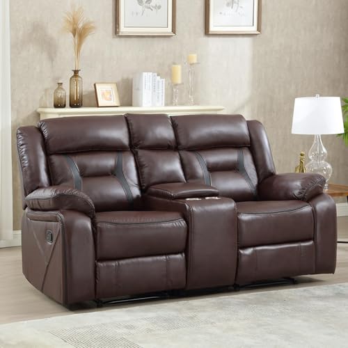 Image of EBELLO Manual Faux Leather Loveseat Recliner, 2 Seat Reclining Sofa Chair with Center Console, Hidden Storage and Cup Holders, Daul Recliner for Living Room, Meeting Room, Dark Brown (Loveseat)