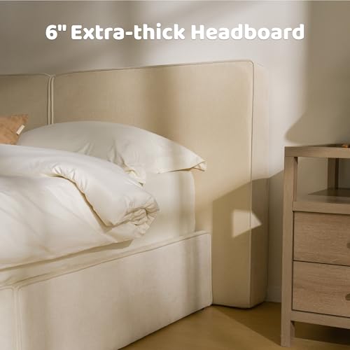 Image of RECCI King Platform Bed Frame with Plush Upholstered Headboard 6-Inch, Easy Assembly, Noise-Free Stability (Beige, King (U.S. Standard))