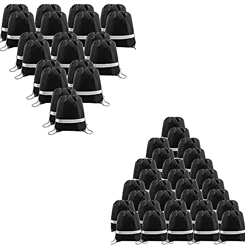 30 Pieces Black Drawstring Backpack Bags in Bulk Reflective Sports Gym String Bags Cinch Bag and 20 Pieces Reflective Drawstring Backpack Bags Gym Sports String Bags Cinch Bags