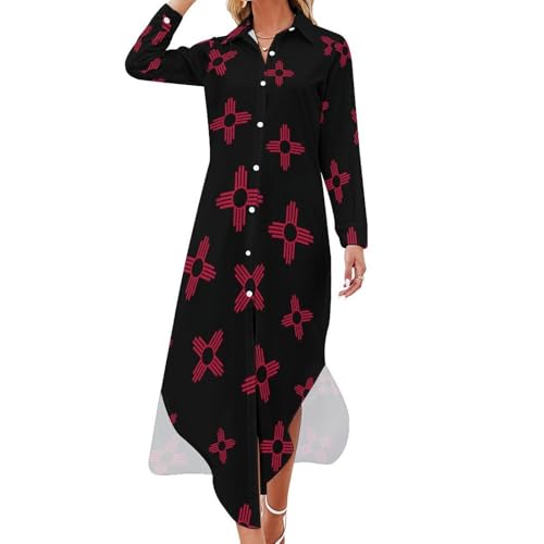 New Mexico Flag Logo Trendy Women's Shirt Dresses Button Down Long Sleeve Long Maxi Sundress