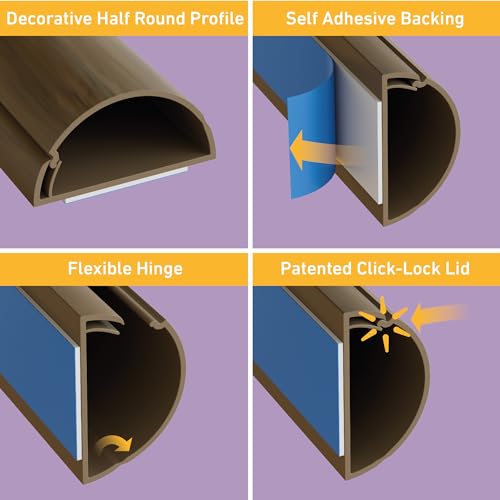 Image of D-Line Half Round Cord Hider, Patented Cable Cover, Hide TV Wall Mount Wires, Raceway for Cords, Decorative Wire Covers, Paintable, Adhesive Cable Concealer, 2in W x 1in H x 39in L, Wood-Effect