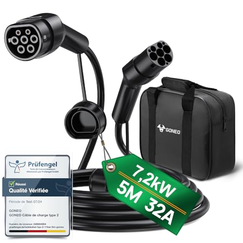 GONEO Câble de Recharge Type 2 pour Voiture Électrique - 7,2kW/5M/32A/Monophasé/Mode 3 - EV/PHEV Charge Rapide - CSS2 avec Sac de Transport