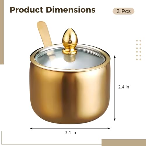 2 Pack Spice Containers with Spoon, Golden 304 Stainless Steel Seasoning Jars, Airtight Kitchen Storage for Herbs, Clear Glass Lid, Cylindrical Design for Salt, Sugar and Condiments - Image 3