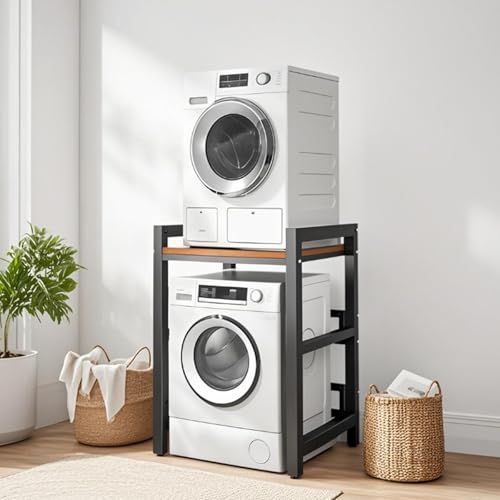 FKKPRVAX Portable Stacking Kit For Tumble Dryers, Floor Standing Washer-Dryer Rack With Shelves, Height Adjustable, Storage Rack For Tumble Dryers And Dishwashers, Load Capacity 800 Kg (Black)