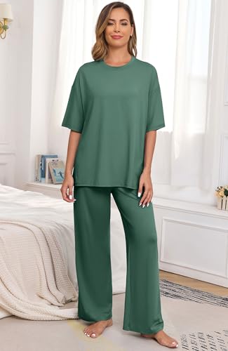 Image of PrinStory Womens Pajamas Sets 2 Piece Lounge Set Short Sleeve Tops and Long Pants Soft Pjs Loungewear with Pockets