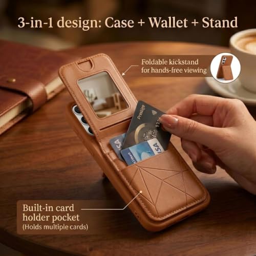 Image of amazon basics Premium Vegan Leather Back Cover with Card Holder and Integrated Mobile Stand for Samsung Galaxy S23 5G - Slim Shockproof Wallet Case with Geometric Stitching [Tan]
