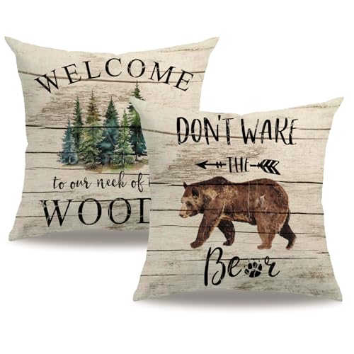 2Pack Forest Animals Pillow Cover Double-Sided Printed Wood Grain Background Wake The Bear Cushion Cover Vintage Style Farmhouse Home Decor Pillowcases 18" x 18" for Patio Sofa Couch (18" x 18")