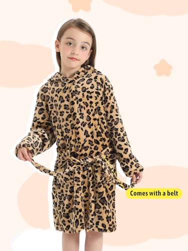 ACTLATI Leopard Cat Fleece Hooded Robe for Girls, Plush Bathrobe With Pockets for 3-12 Years Kids Birthday Christmas Gifts2
