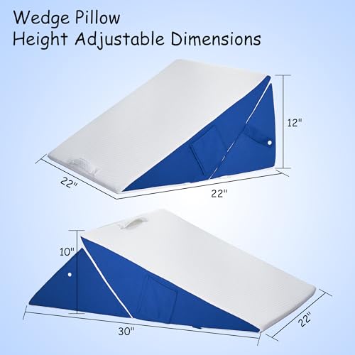 jakoola Bed Wedge Pillow for Headboard Sleeping, Adjustable 9 & 12 Inch Wedge Pillow for Back, Leg Support, Memory Foam Wedge 7-in-1 Triangle Elevated Pillow for Bed, Blue & White