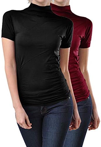 Kuda Moda 2 Pack Women Seamless Short Sleeve Mock Neck Turtleneck Blouse Top Tee Shirts