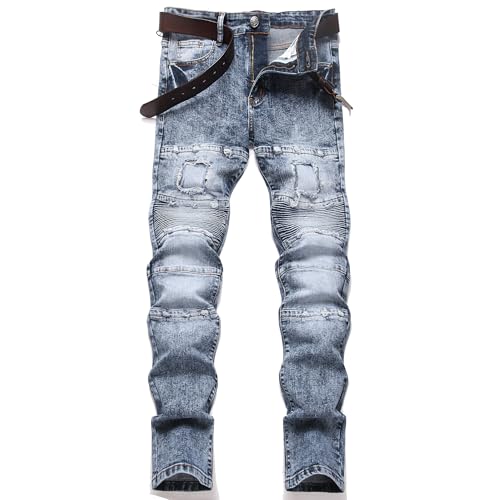 Men's Slim Fit Stretch Jeans Distressed Biker Straight Leg Pants