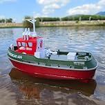 ARRIS Mini RC Boat, 1:72 Scale RC Tugboat with 2.4 GHz Remote, 2 Rechargeable Batteries & LED Lights for Pools Lakes, RTR RC Boats for Adults Summer Gifts Toys (Green)