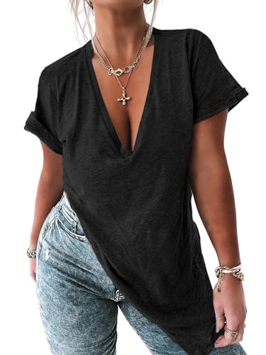 Womens Deep V Neck Tops Summer Short Sleeve Oversized T Shirt Side Slit High Low Tunic Tops2
