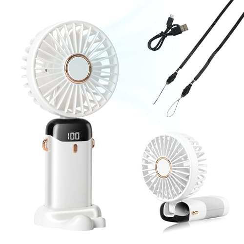 Hifot Mini Ventilador de Mano Silencioso Ventilador Recargable Portátil USB 5 Velocidades 3 en 1 Pequeño Escritorio Plegable 90° con Cuerda para Cuello para Oficina, Viajes Viajes Blanco