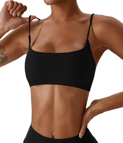 Comper Women's Sports Bras Wirefree Racerback Workout Bras Sexy Thin Straps Yoga Sport Bras with Removable Pads(Black-M)