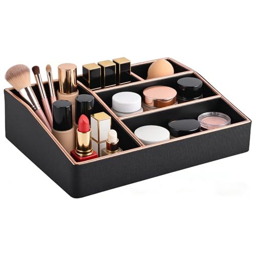 Image of PU Leather Makeup Organizer Tray,Large Vanity Organizer,Cosmetic Storage Box for Lipstick Brushes Skincare Perfume,Cosmetic Display Case Rose Gold-trimmed for Dresser,Bathroom Countertop(Black)