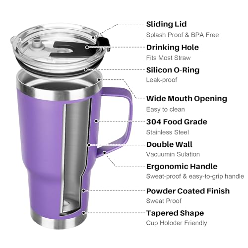 Image of 20 oz Tumbler with Handle, Stainless Steel Insulated Tumbler with Lid and Straw, Double Wall Vacuum Coffee Mug Tumbler, Insulated Coffee Thermal Cup for Cold and Hot (Purple)