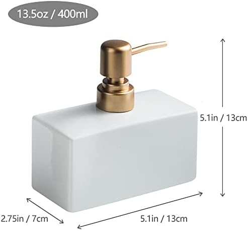 Modern Soap Dispenser with Matte Golden Pump for Bathroom, 13.5 oz Ceramic Rectangle Lotion Dispenser, Refillable Dish Soap Dispenser (White)