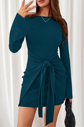 dowerme Women's Casual Mini Dress 2026 Bell Long Sleeve Boat Neck Tie Waist Bodycon Dresses Knitted Party Fall Outfits(Lake Blue,Small) — view 3